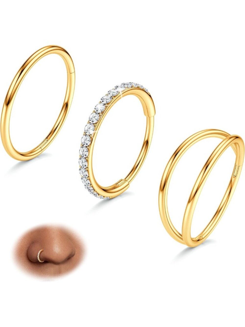 14K Gold Plated Stainless Steel Nose Rings & Septum Clicker Jewelry - 3 Pack